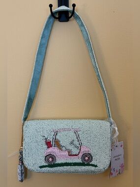 Handcrafted in India Beaded Pink Golf Cart on Light Mint. Golf bag charm. NWT